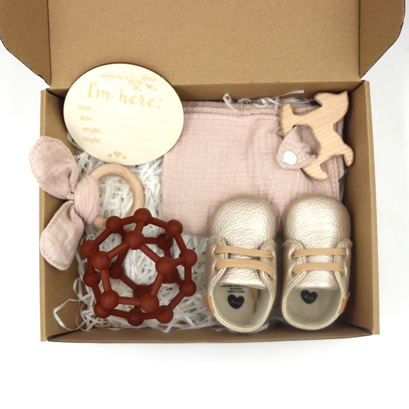 

5 PCS baby pu leather shoes leopard silicone teether ball cotton newborn shoes set, 5 colors