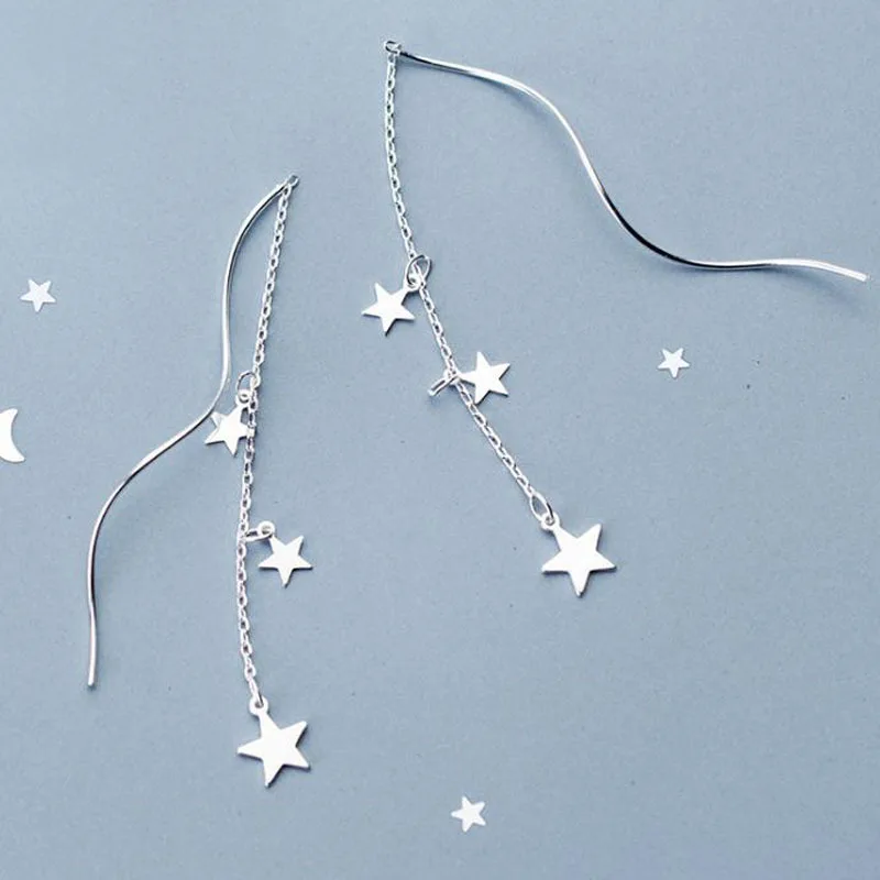 

Women Sterling Silver Multi Hollow Stars Thread Threader Drop Earrings 925 Long Line Star Dangle Earrings