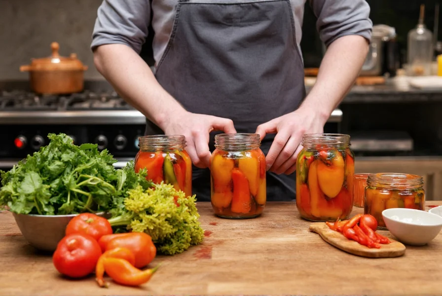 Chef preparing homemade pickled peppers with fresh ingredients and glass jars on wooden kitchen counter