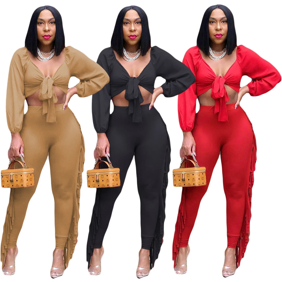 

YY5326 New Spring and Autumn Chest Wrapped Long Sleeve Tight Sexy Tassel Women Two Piece Pants Set 2 Piece Pants Set