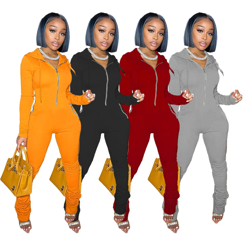 

WSM-5290 Autumn And Winter Pure Color Plus Velvet Zipper Jumpsuit With Hooded