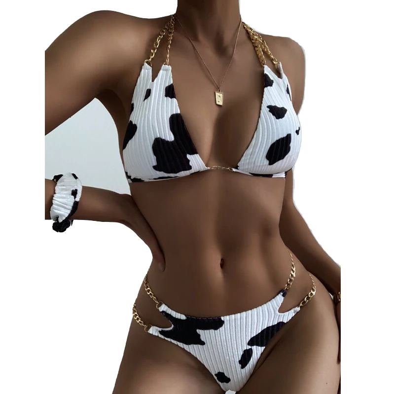 

2021 Hot Sell Woman Sexy Swimwear 2 Piece Padding Cow Print Bikini Bathing Suit With Chains, Black/brown