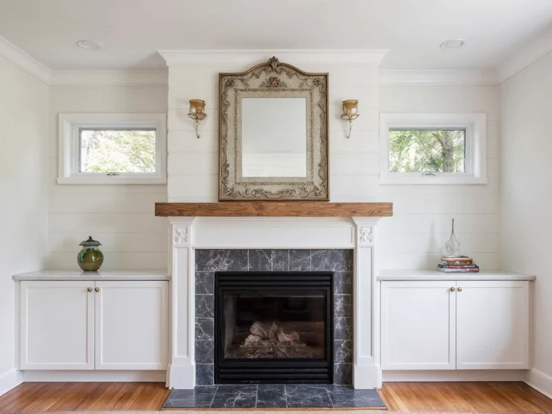 Completed DIY chimney mantel with decorative elements and proper fireplace clearance