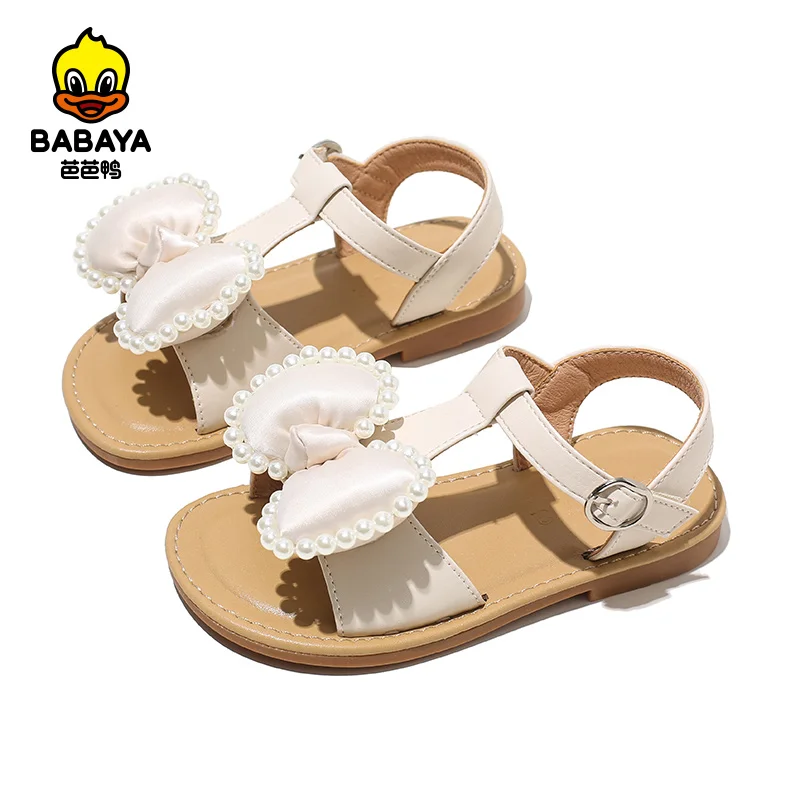 

36329 HUANQIU BABAYA Bowknot Pearl Embellished Rubber Flat Foot Sandals for Kids Children