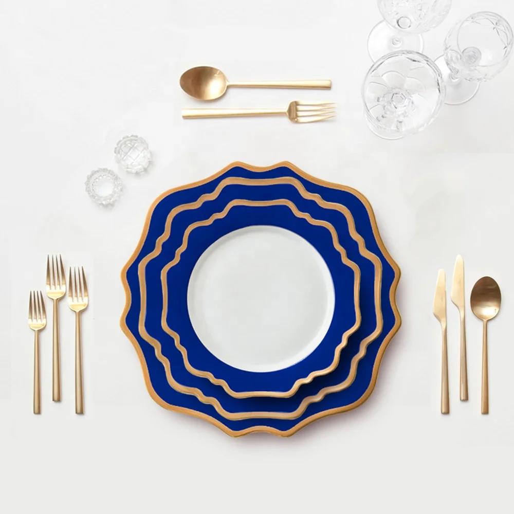 

Luxury Dinnerware Sets Sunflower Bone China Plate sets Cheap Deep Blue Dinner Sets, Blue with gold rim