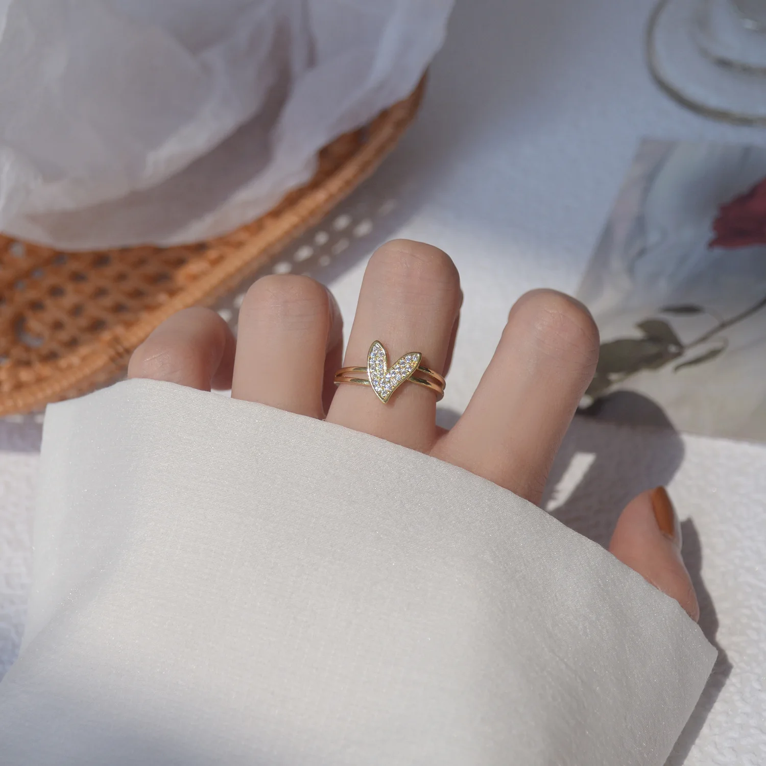 

Valentine's Day Jewelry Sweet CZ Heart Ring Double Layer Small Ball Cubic Zircon Open Ring for Girls Gifts