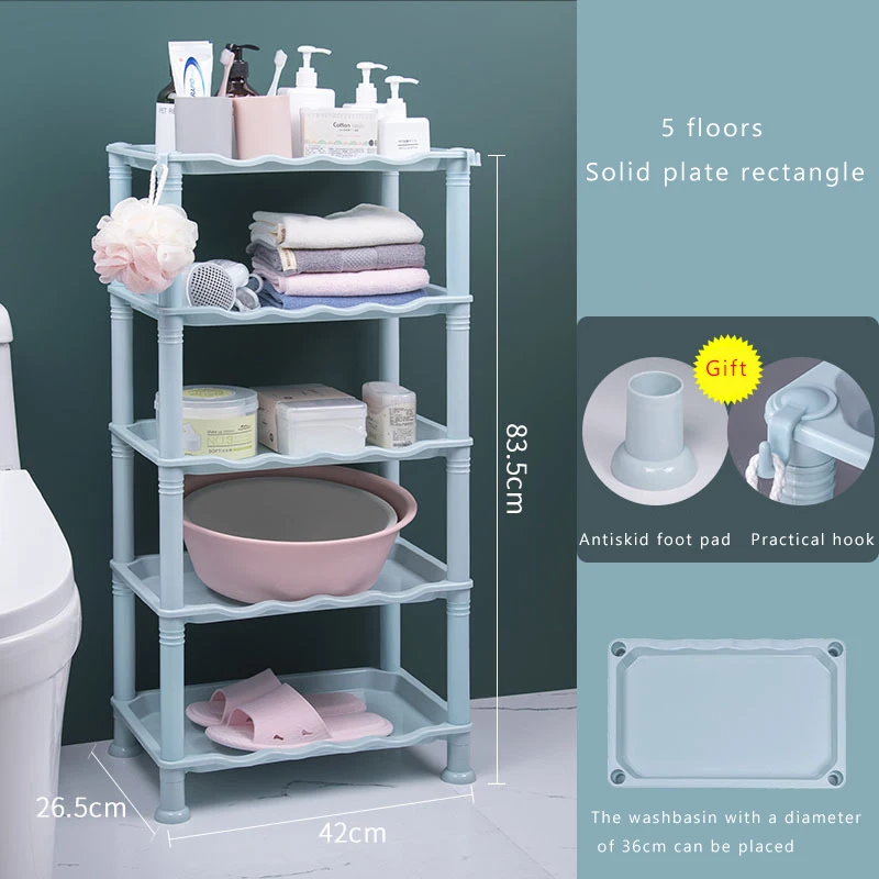 

Alibaba-New-Products Rectangle Standing Type 5 Layers Plastic Shelf Bathroom Storage Shelves Corner Shelf With Hooks, Blue, white, gray, green, coffee