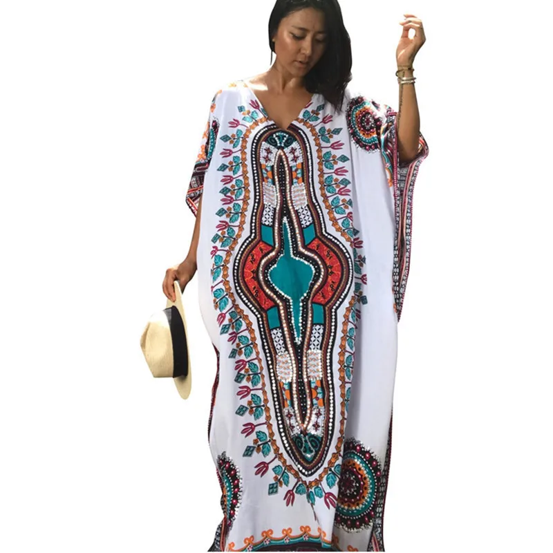 

african print cotton 2021 summer long beach dress  v neck kaftan woman beach wear, Custom color