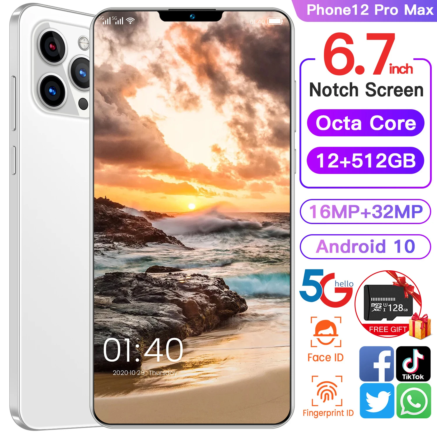 

HIgh quality luxury Phone12 Pro Max smart phone 8core 12GB+512GB camera 16MP+32MP android mobile 6.7''HD+full screen 5200mAh