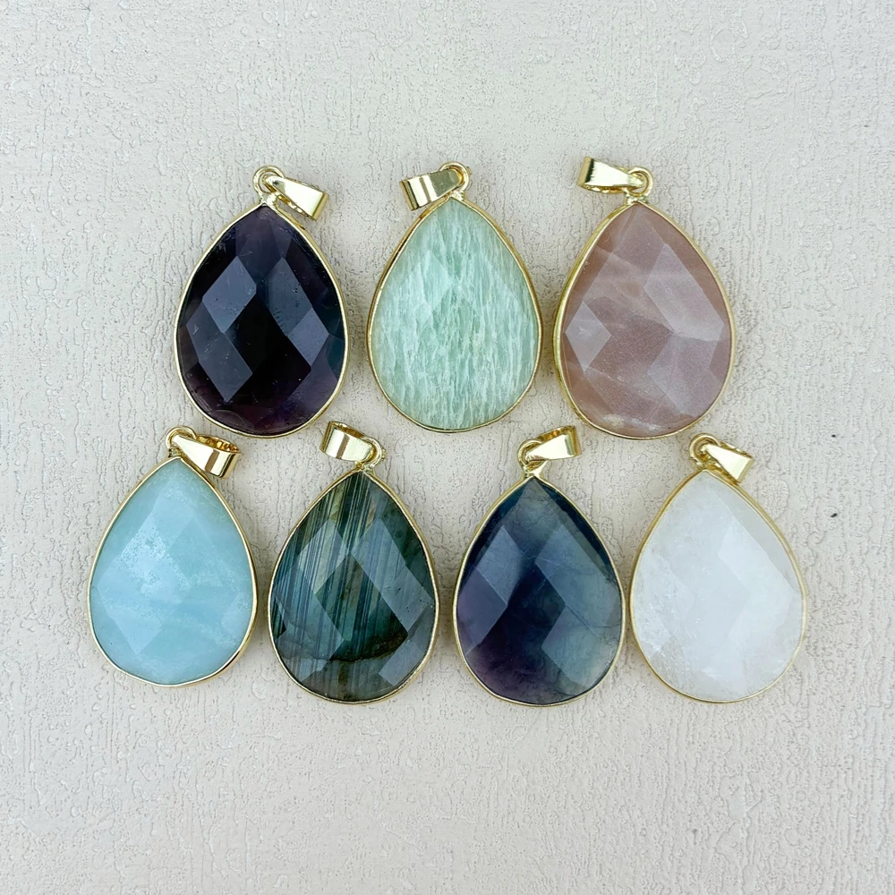 Popular Faceted Gemstone rainbow Fluorite Labradorite Gold Plating Bezel Pendant Natural Stone Water Drop Shaped Necklace Charm