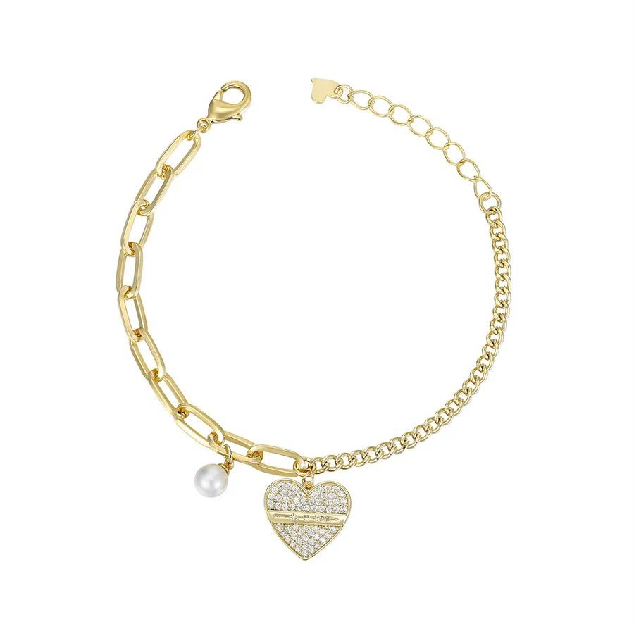 

YMBrace-510 Xu Ping Jewelry Fashion Egrancy Light Luxury Design Character Diamond Heart-shaped Pearl 14K Gold Bracelet