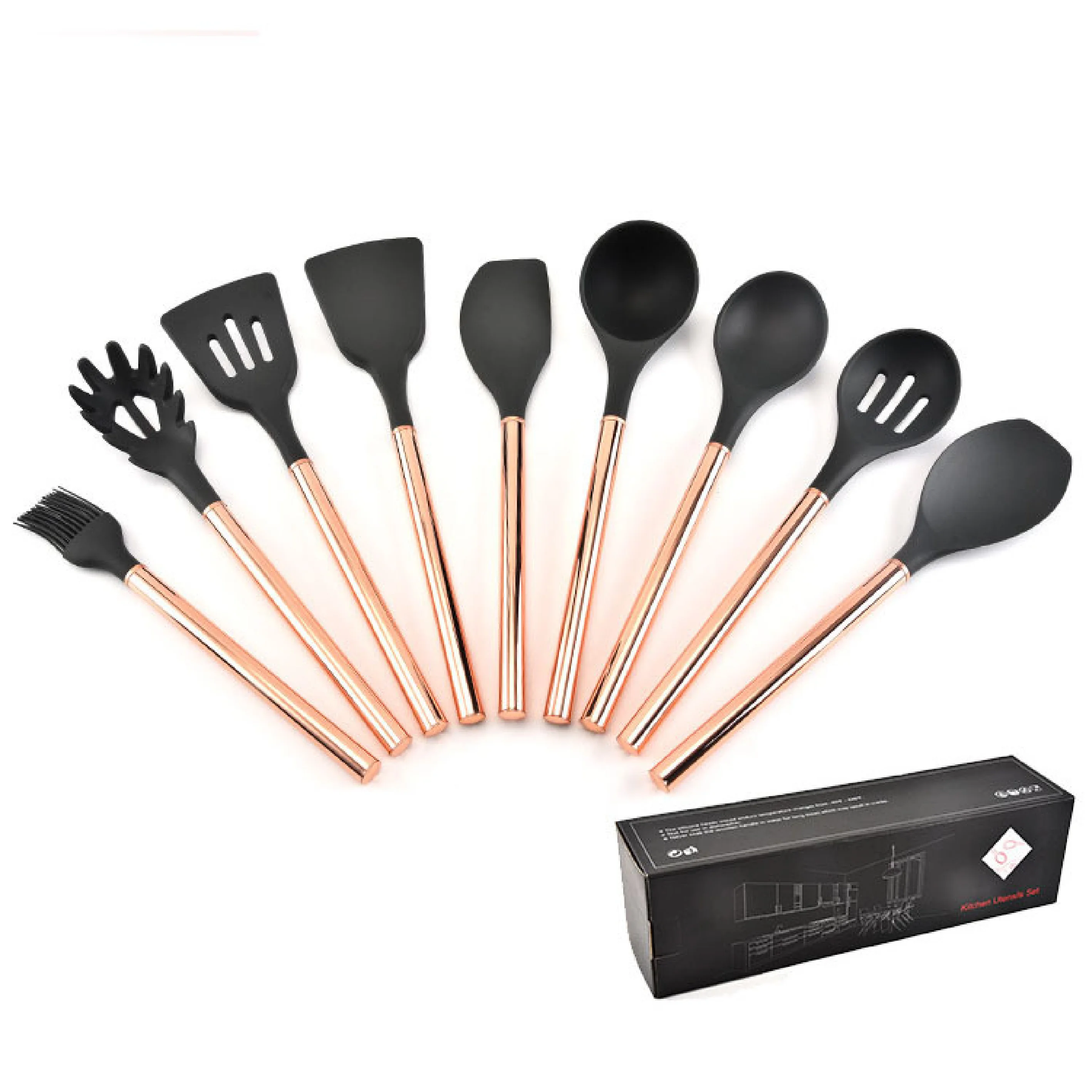 

9 pcs Rose Gold Silicone Cooking Utensils Set, Nonstick Cookware Stainless Steel Handle Heat Resistant, Customized
