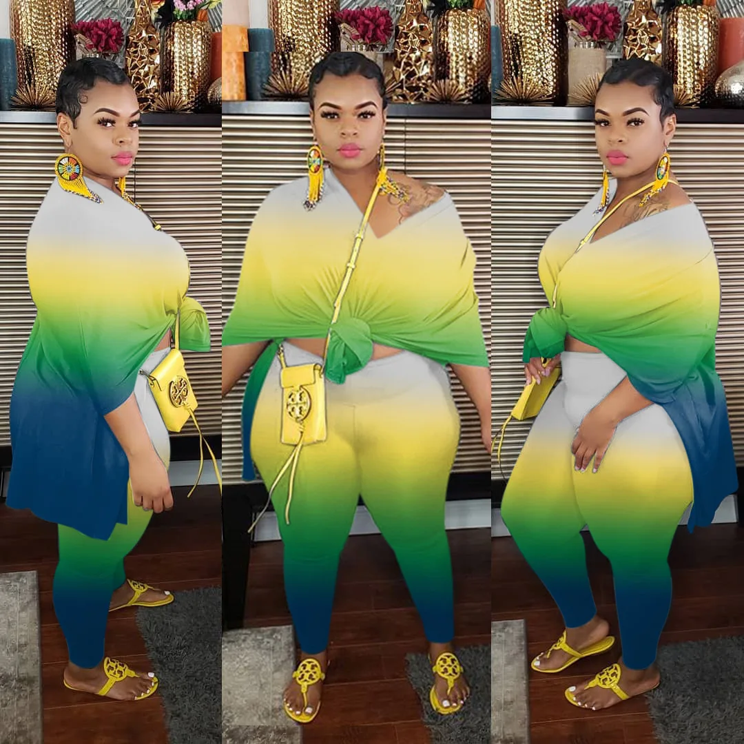 

2021 Loungewear Summer Clothes 4XL Clothing Gradient Color Side Split Tops Outfit Plus Size Set 2 Two Piece Pants Sets For Women, Orange,green