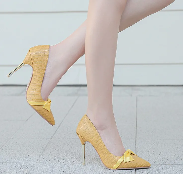 

Large size high heel dress shoes thin heel sweet bow snake women's pumps sexy women's shallow mouth social shoes, Yellow,sliver,gold,orange