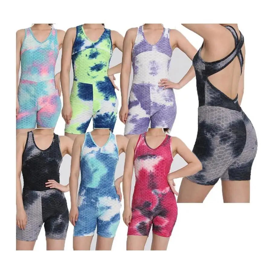 

Summer Bodysuits Tie Dye Jumpsuits Yoga Rompers One Piece Cropped Pants S-2Xl Skinny Hip-Liftsports Sleeveless Criss-Cross Short