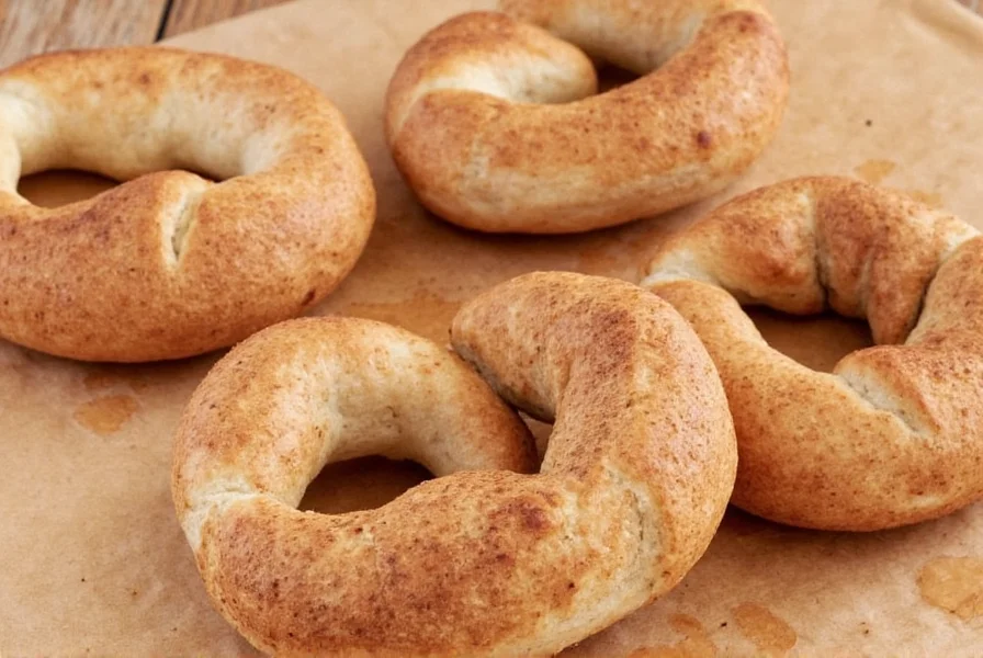 Close-up of a perfectly baked cinnamon bagel showing golden crust and visible cinnamon speckles throughout the dough