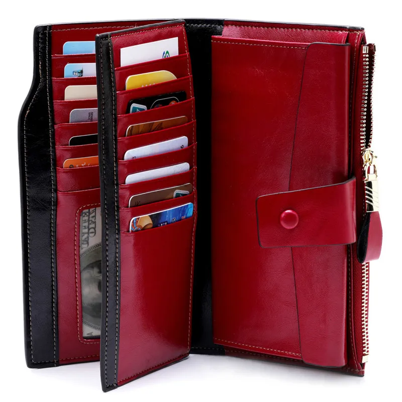 

Fashion Genuine Wallet Female Cell Phone Pocket Long Women Purses Hasp Oil Wax Leather Lady Coin Purse Card Holder