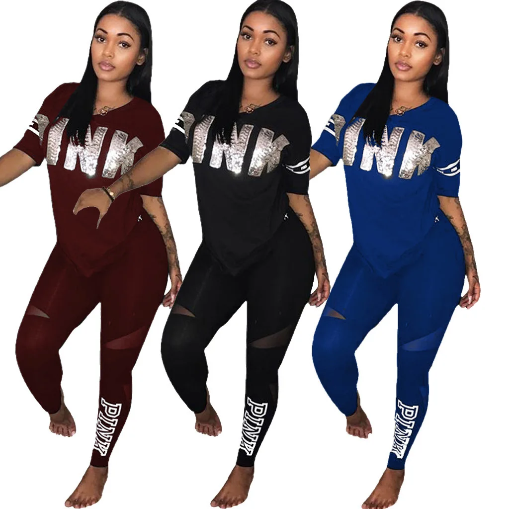 

Women Set PINK Letter Print Sweatsuit Women Casual Plus Size Tops Skinny Pants Sweat Suit Two Piece Tracksuit 2 Piece Set S-XXXL, Customized color