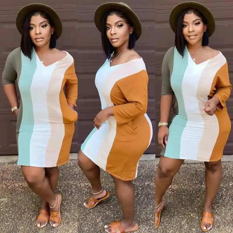 

2021 Fall Fashion Women Plus Size Clothes Casual Characteristic Striped Oversized Long Sleeve T Shirt Dresses Loose Short Dress, White