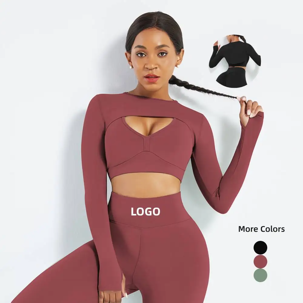 

Wholesale Women's Long Sleeves Sports Crop Top Cut-out Tee Top Workout Tops with Thumb Holes, As picture
