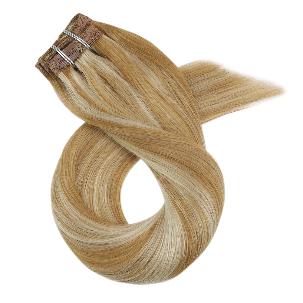 

Moresoo Cheap 100% Brazilian Human Hair Straight Bleach Blonde Highlighted Clip In Human Hair Extensions, #p14/613