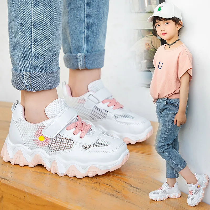 

Latest Style Daisy Pattern Breathable Mesh Light Weight Children White Girls Sneakers, Pink green