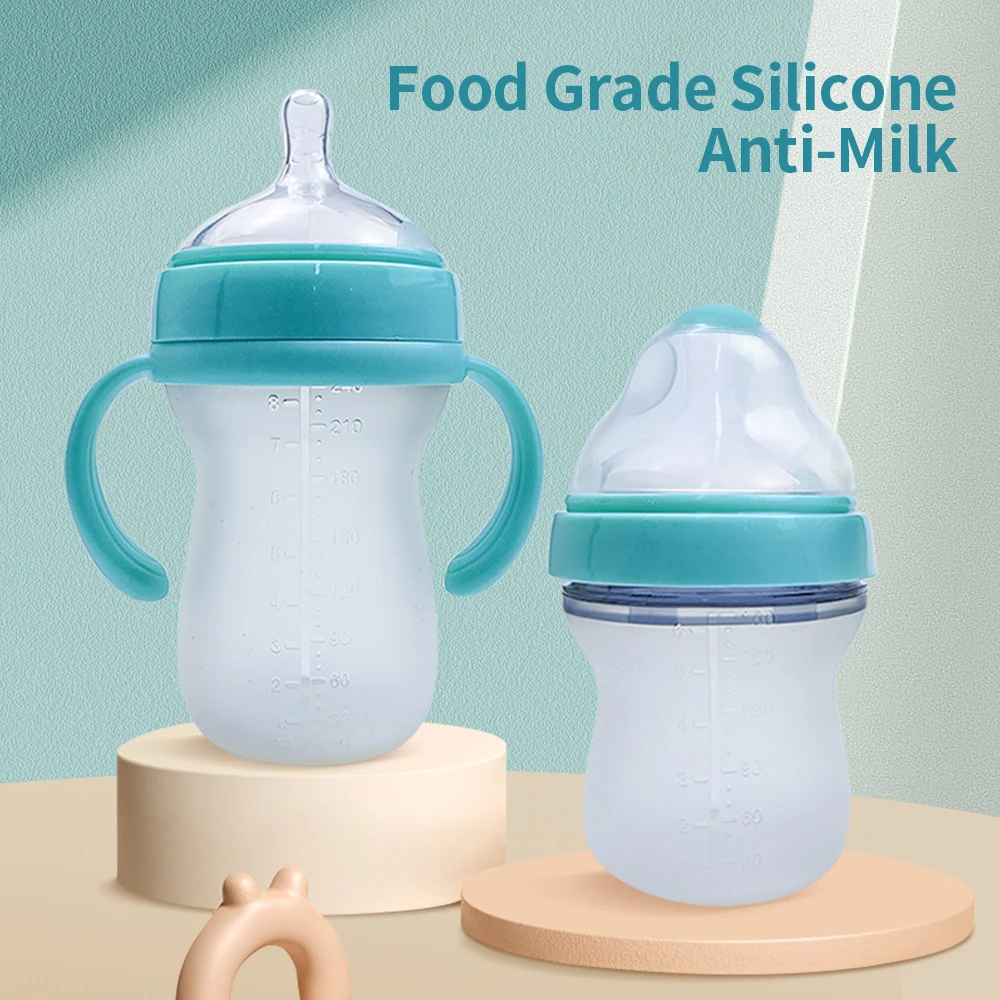 

2Pcs 240ml and 180ml Wholesale Handles Custom Design Professional BPA Free New Silicone Baby feeding Bottle Sets, Customized color