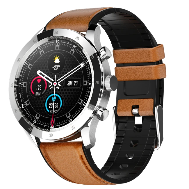 

Leather Strap Round Screen Blood Oxygen IP67 Waterproof Heart Rate Health Smart Watch Wristwatch Smartwatch, Black, brown