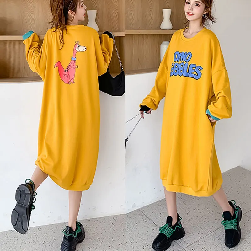 

High quality autumn ladies casual oversized baggy cotton midi plus size hoodie dresses