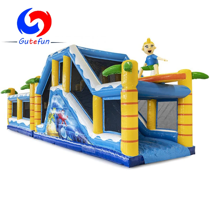 

GUTEFUN Best sale most beautiful 13.5m modular surf theme inflatable obstacle course for summer party events rental