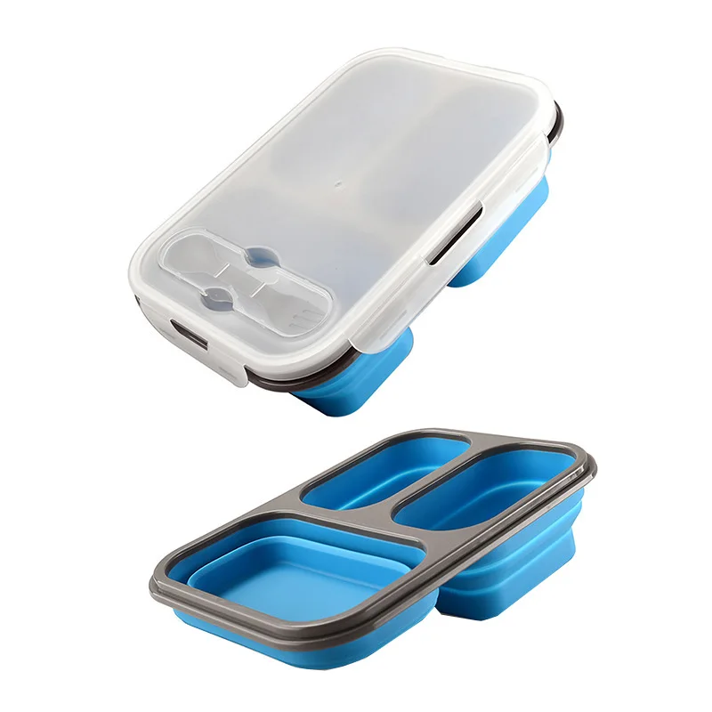 

Collapsible foldable food Container Silicone rubber food storage Collapsible Lunch Box with 3 compartments, Blue ,green ,gray,pink