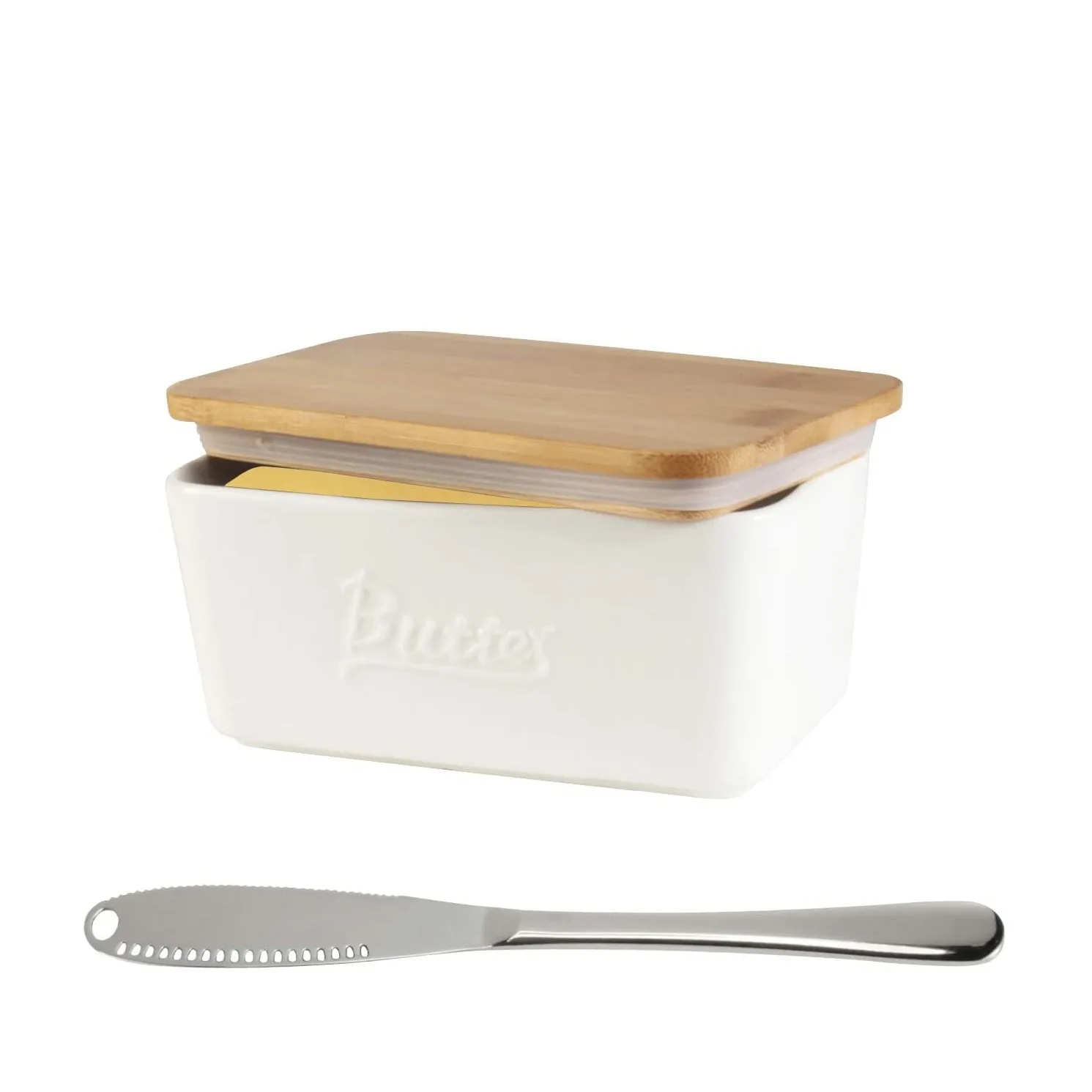 

High Quality Butter Dish  Ceramic White Butter container With Wooden Lid And Knife