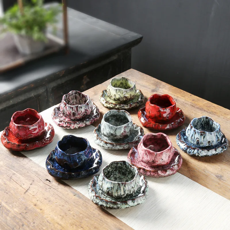 Creative 150ml Oriental Rustic Style Lotus Flower Shape Kiln Ceramic Coffee Tea Cup and Saucer