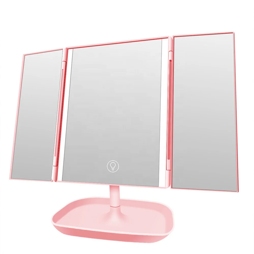 

Desktop Three Sided Folding LED Vanity Mirror Tri Fold With Light Mirror 10x Magnification Dressing Makeup Mirror, Pink, white