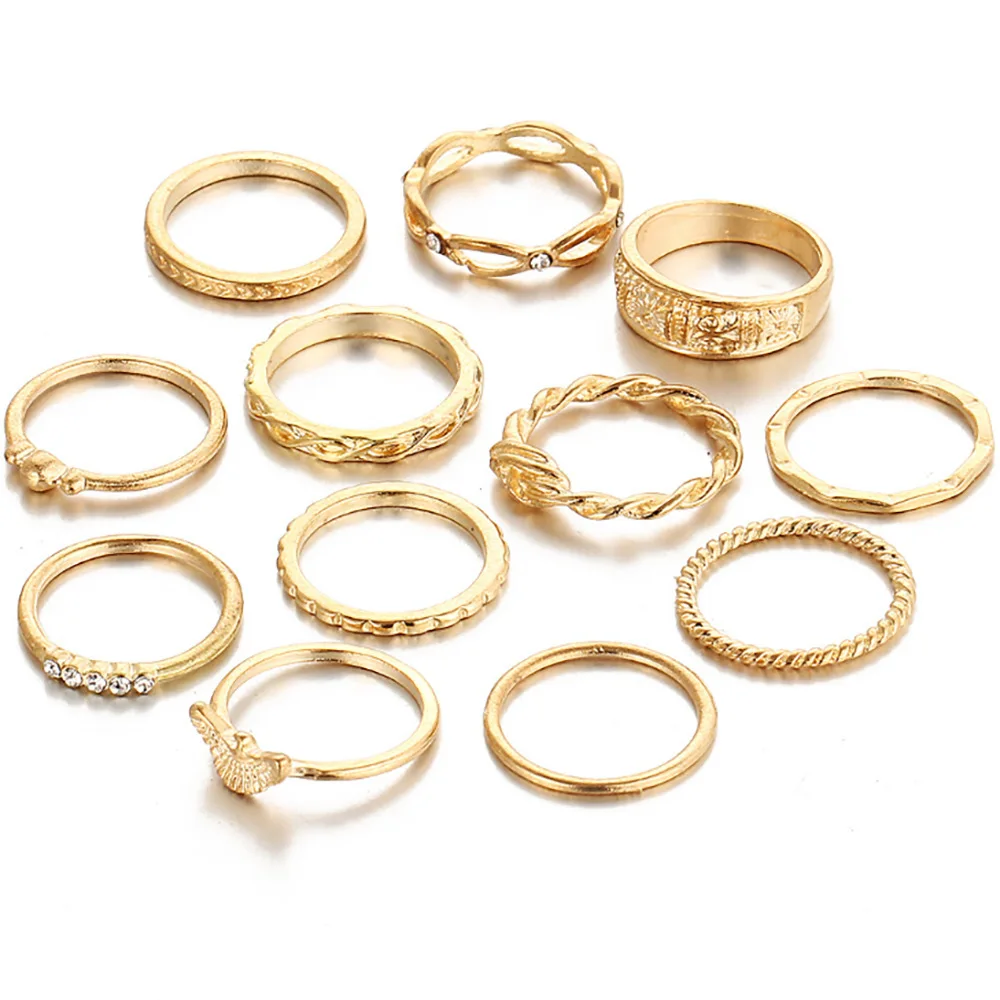 

New Joint Ring Set Retro Diamond Rings Eagle Winding Combination Winding Knotted Carving 12 Piece Set Ring For Ladies Girls, As picture