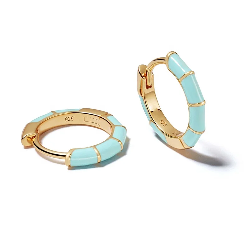 

Gemnel fashion jewellery 18k gold bamboo enamel turquoise teal stripe huggie hoop earrings