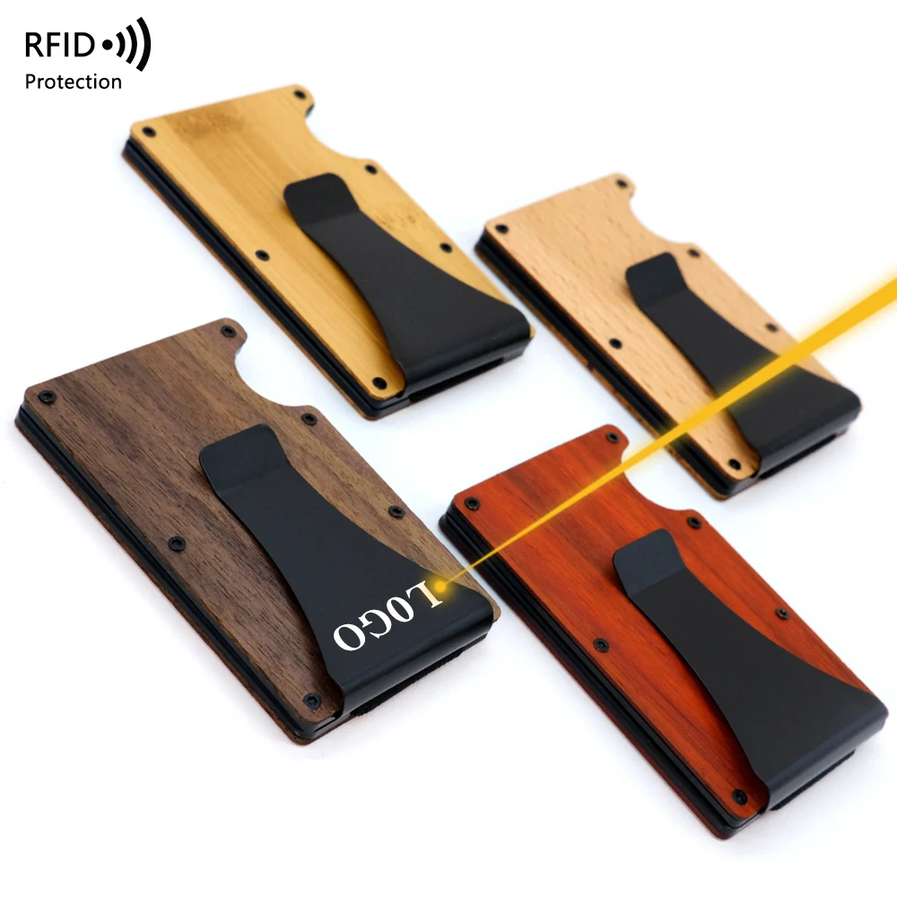 

2023Hot Sale RFID Blocking Men's Wooden Wallet ultra thin Metal Money Clip for men Minimalist wooden aluminum Wallet card holder