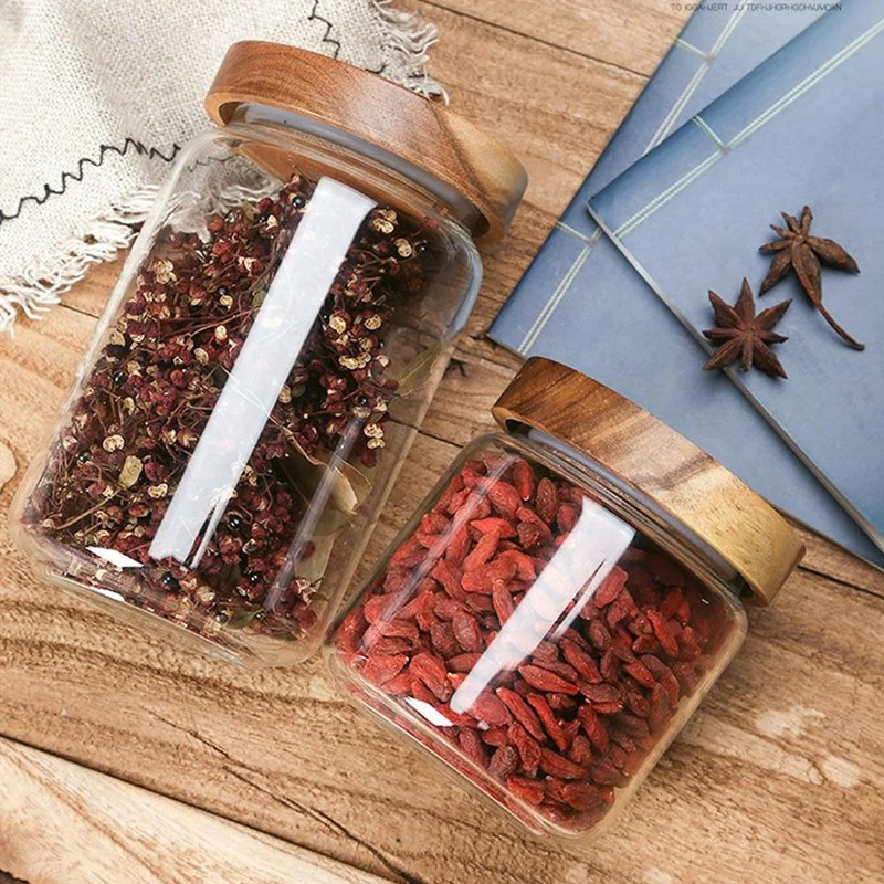 

400ml 600ml 800ml food glass storage jar with wood screw lid, Clear