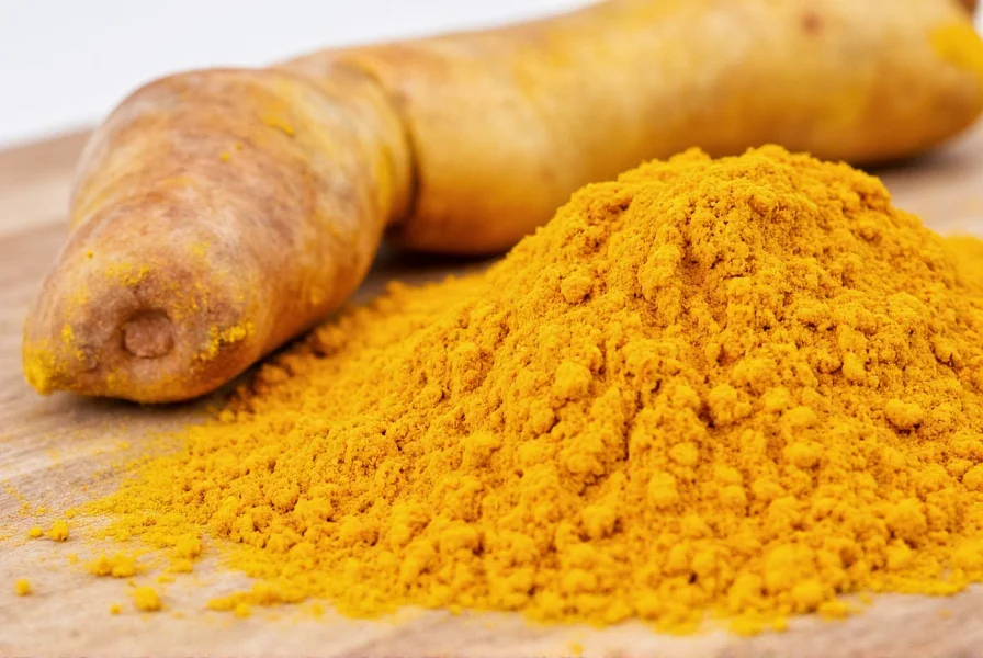 Close-up of fresh turmeric root and ground turmeric powder showing vibrant yellow color