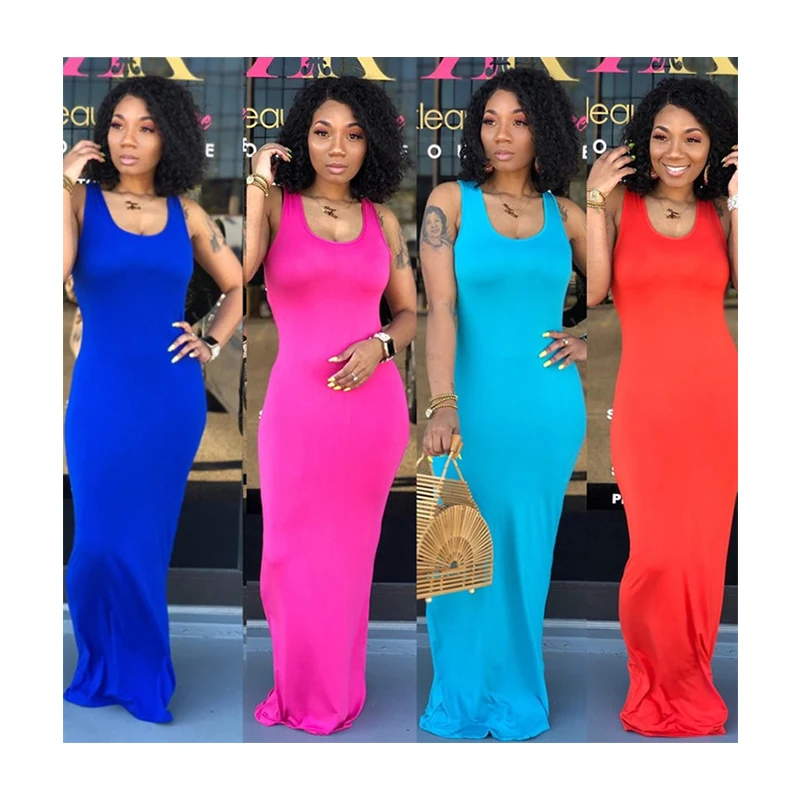 

2021 women's fashion trend new sexy solid color sleeveless U-neck milk silk mopping casual long dress