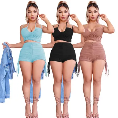 

2021 Summer Sexy Women Halter camisole sleeveless 2 Piece Short Set Drawstring Stacked Short Set For Women Clothing
