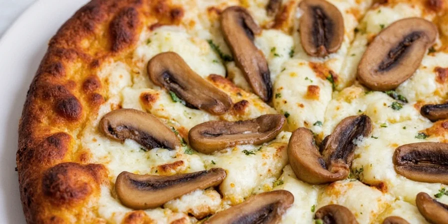 Close-up of mushroom and goat cheese pizza