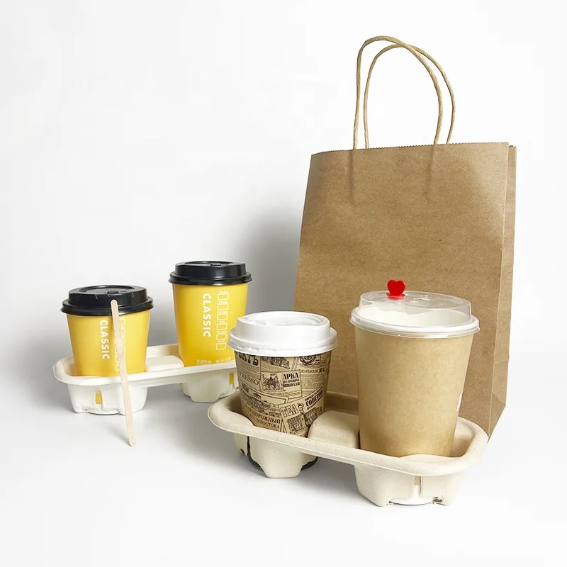 

2 Compartments Eco-friendly Biodegradable Takeaway Disposable Drink Sugarcane Pulp Mould Coffee Cup Holder Saucer Tray