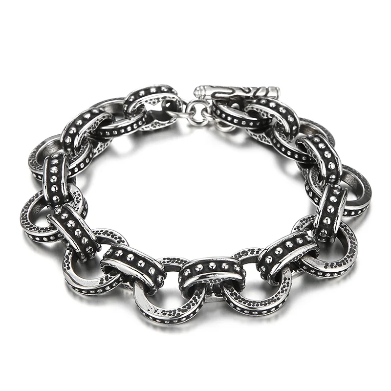KALEN 220mm Mens Punk Stainless Steel Ring Links Bracelet With OT Clasp