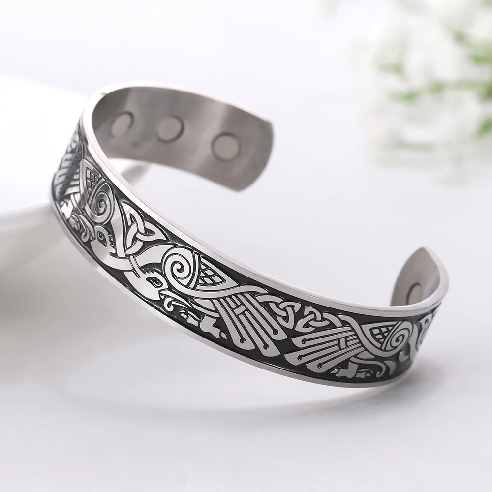 

Health Magnetic Therapy Stainless Steel Bracelets Phoenix Totem Viking Cuff Bangle Wiccan Amulet Bracelet, Silver/gold/rose gold