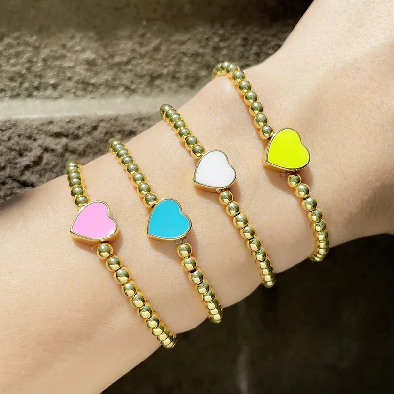 

18K Gold Plated Peach Heart Oil Drop Enamel Bracelet Women Round Beads Adjustable Bracelet Female, Gold color bracelet