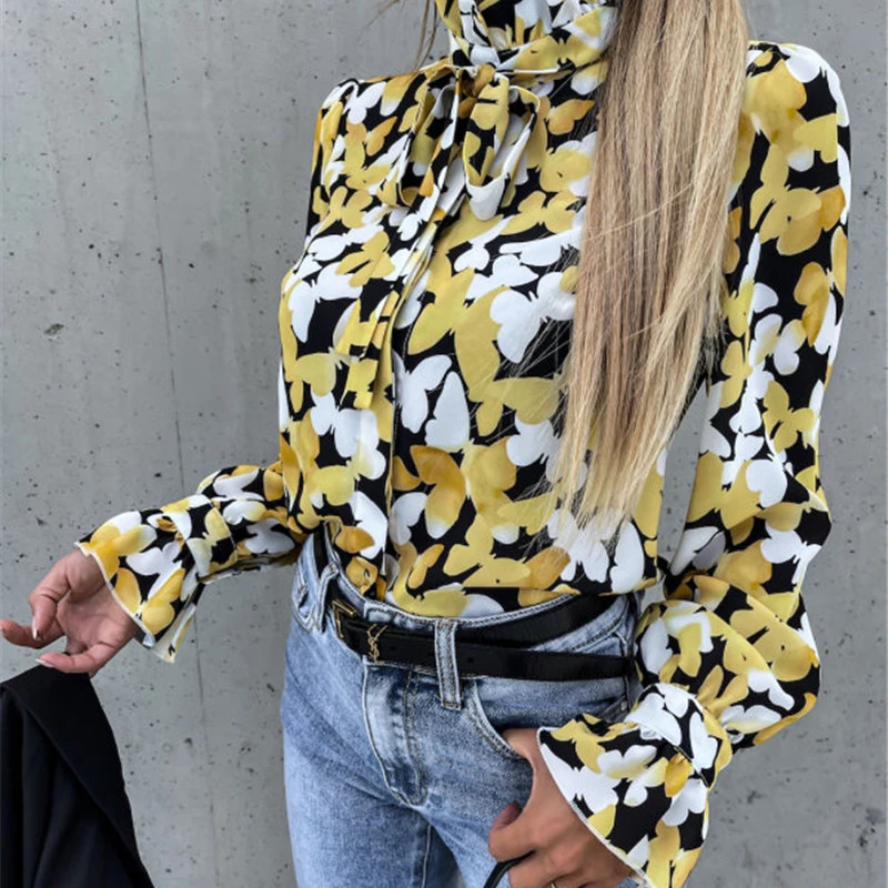 

Autumn Casual Butterfly Print Bow Ruched Stand Collar Full Sleeve Blouse Women Fashionable Tops Shirts For Ladies Clothing, Yellow,green