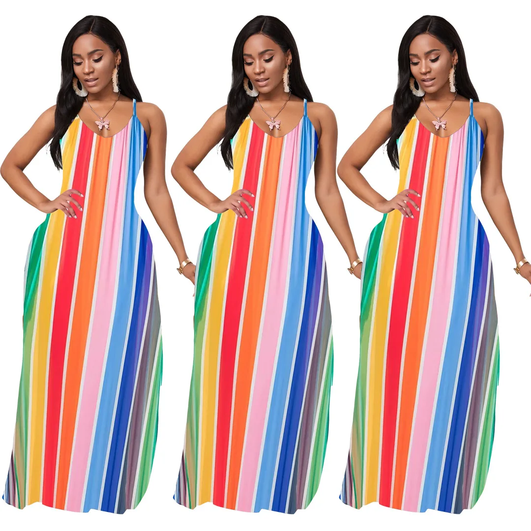 

Fashion Shoulder Girdle Sleeveless Rainbow Stripes Dress Spring Casual Dress Women, As picture