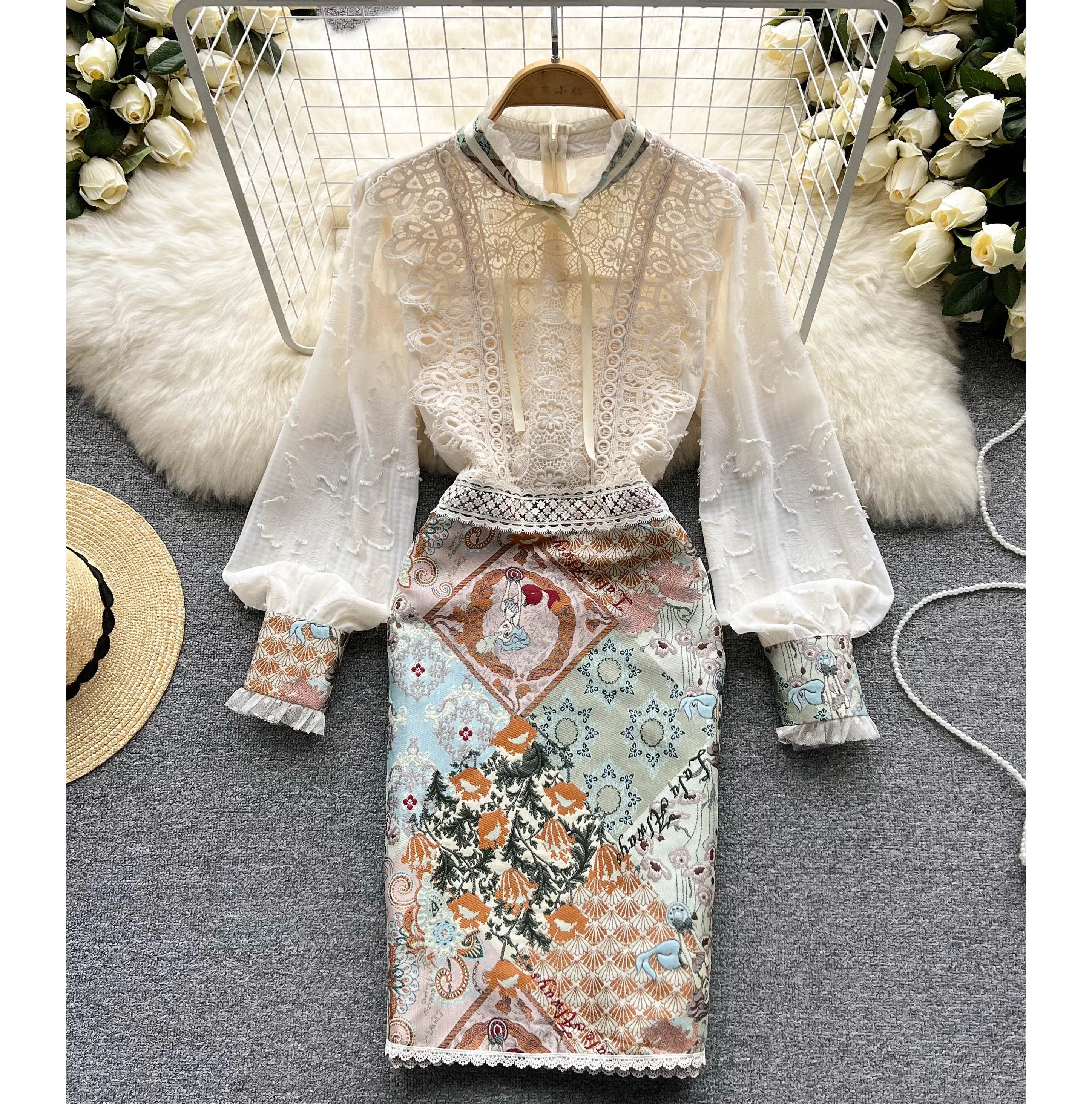 new embroidered lace long sleeve women's spring french standing collar printed luxury dresses