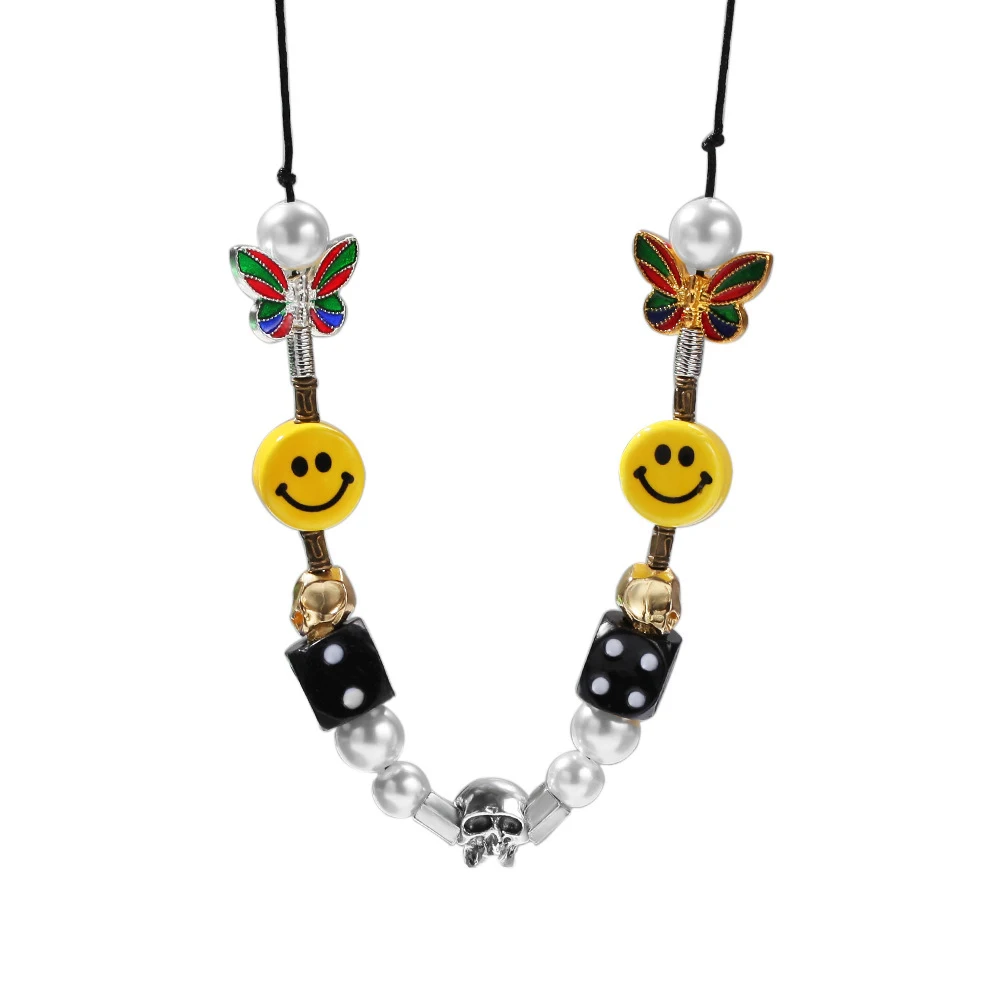

hot selling Die Skull pearl smiley face necklace Asap Rocky the same hip hop necklace